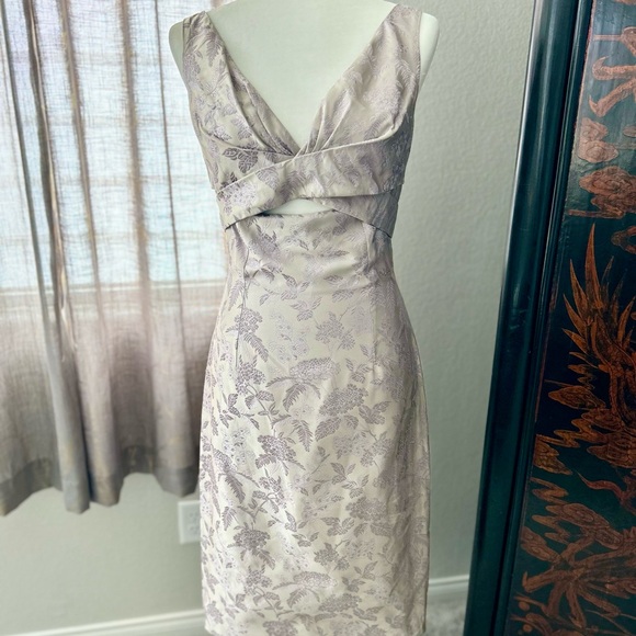Alexander McQueen Silver Sheath Dress Plunge Neckline Cocktail